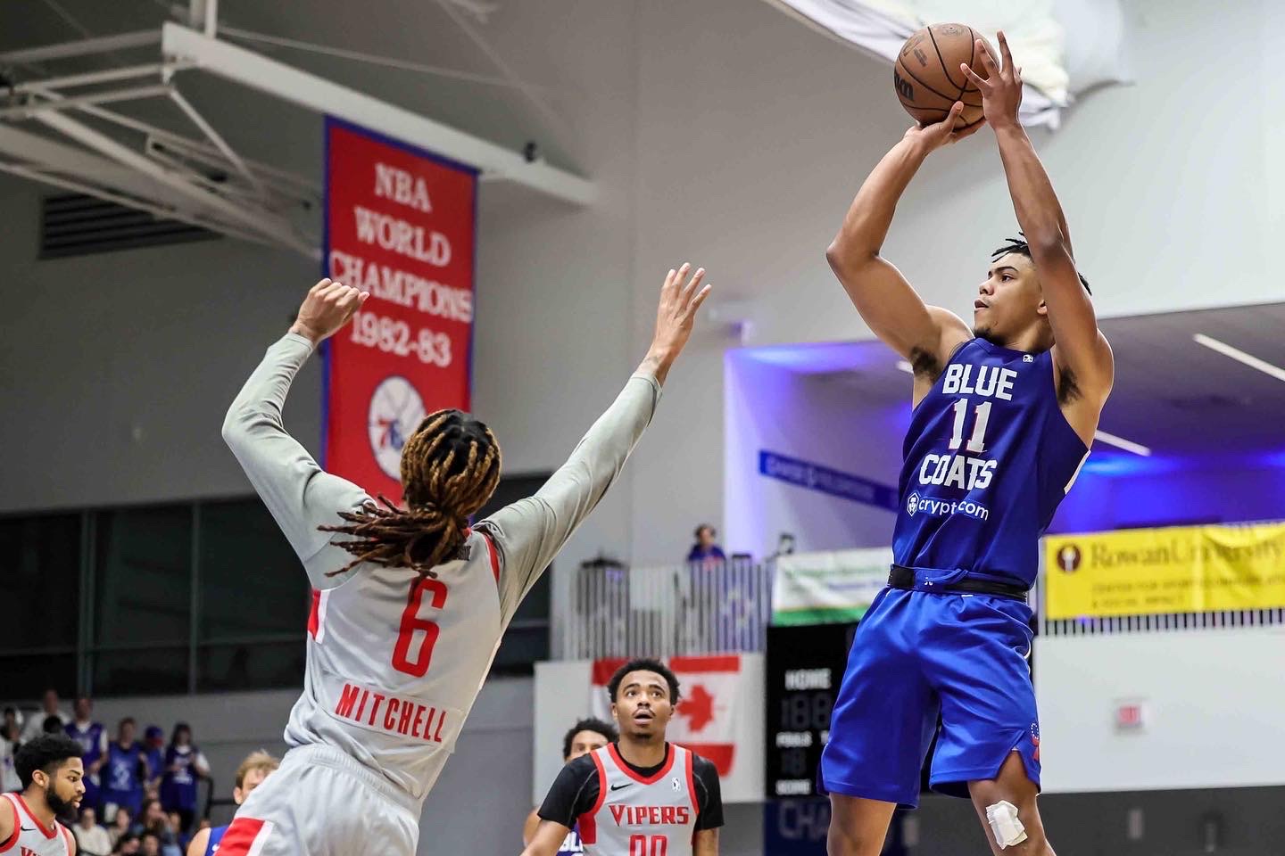 April 4, 2023, Wilmington, Delaware, United States of America: Delaware  Blue Coats guard JADEN SPRINGER (11) celebrates during game one of the NBA  G League Finals between the Delaware Blue Coats and