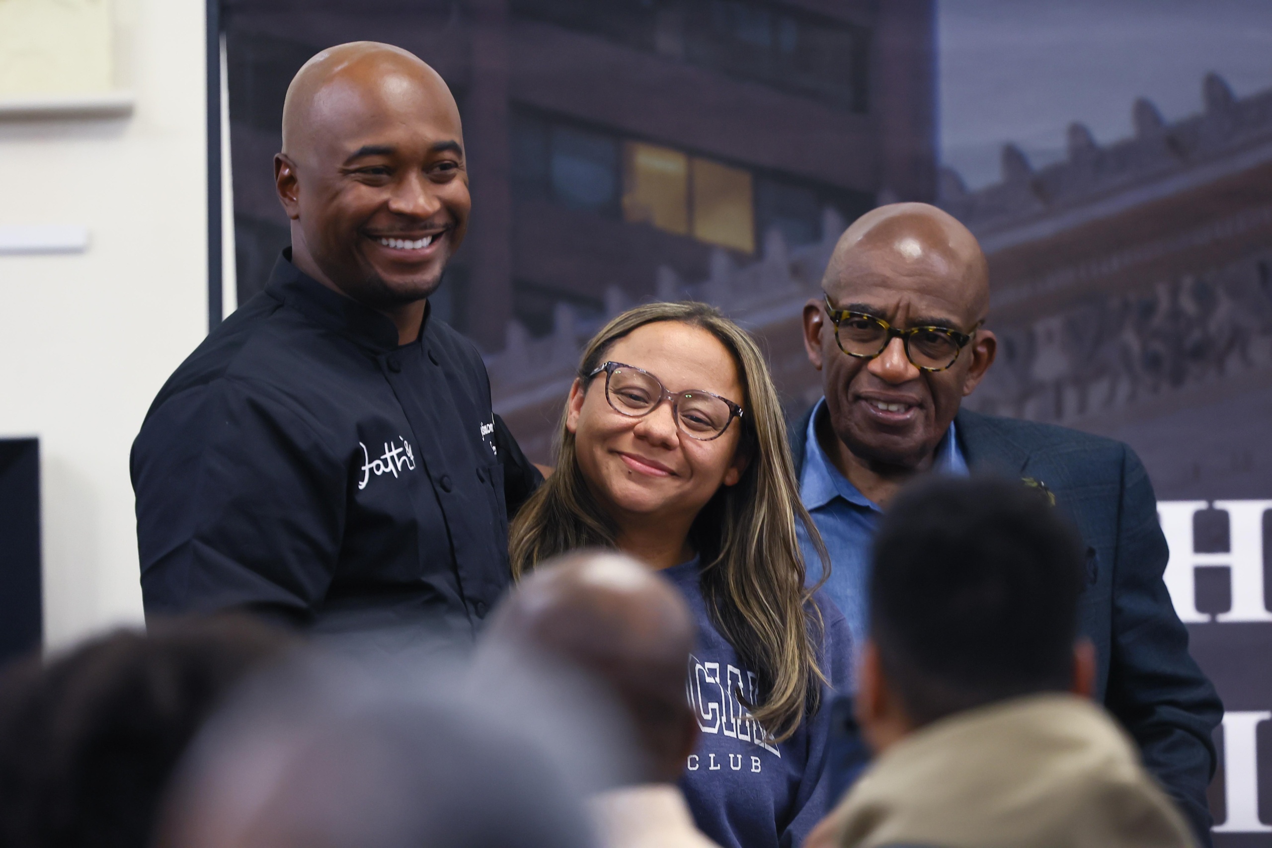 JUSTIN WOMACK, COURTNEY ROKER LAGA, AND AL ROKER pose for photos following the “Recipes to Live By” lecture